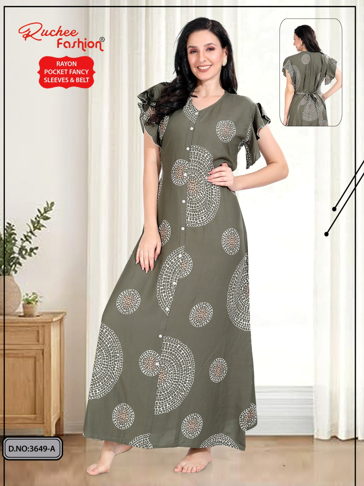 Flutter-Ruffled Sleeves Ruchee Fashion Rayon Night Gowns Supplier Gujarat