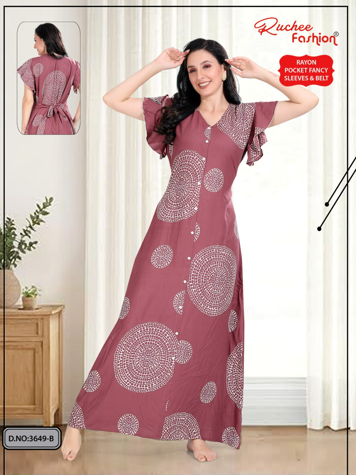 Flutter-Ruffled Sleeves Ruchee Fashion Rayon Night Gowns Supplier Gujarat