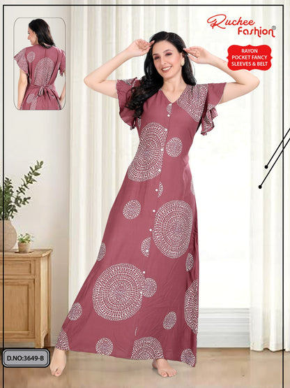 Flutter-Ruffled Sleeves Ruchee Fashion Rayon Night Gowns Supplier Gujarat