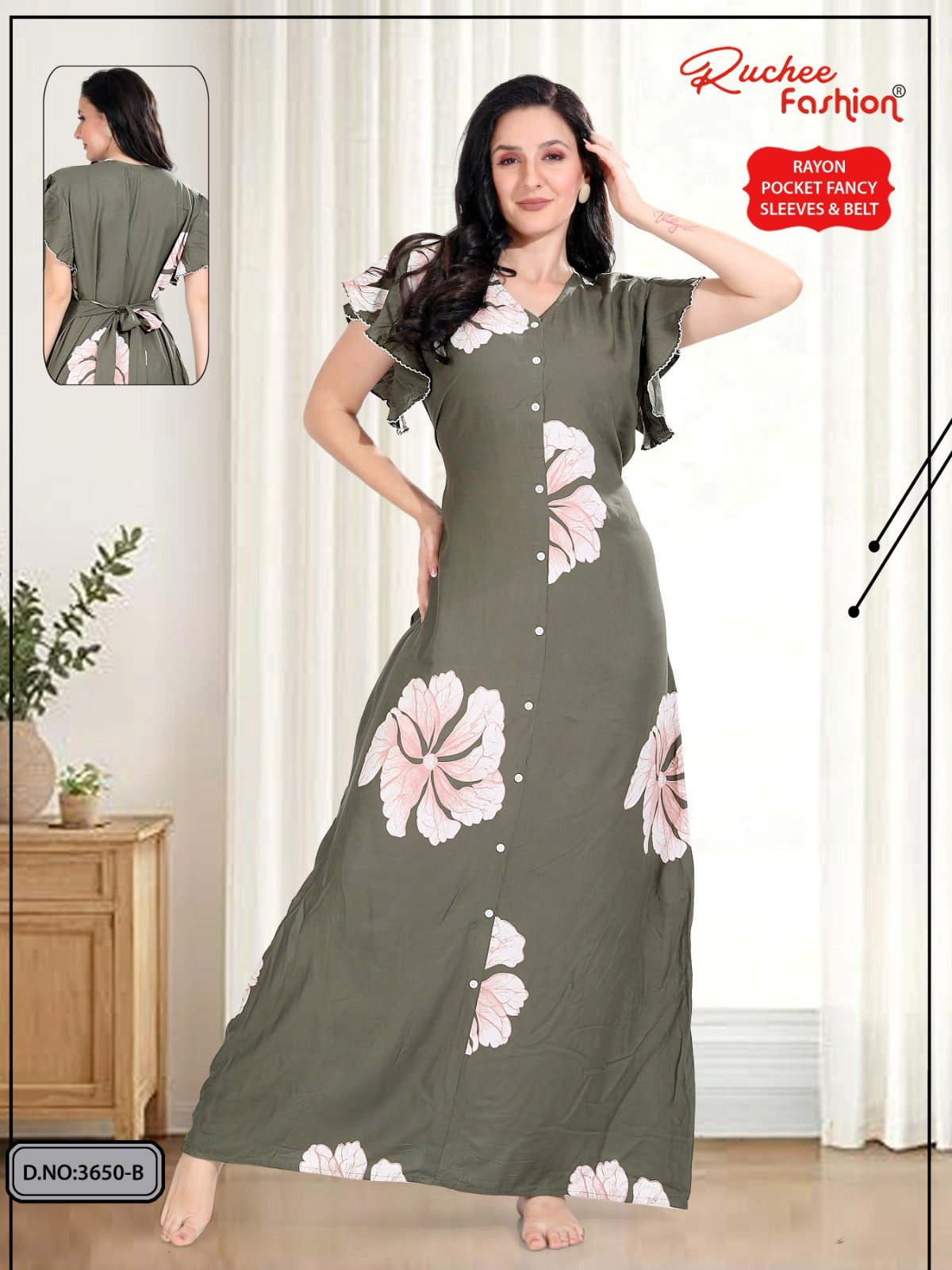 Flutter-Ruffled Sleeves Ruchee Fashion Rayon Night Gowns Supplier Gujarat