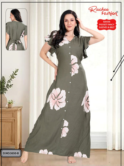 Flutter-Ruffled Sleeves Ruchee Fashion Rayon Night Gowns Supplier Gujarat