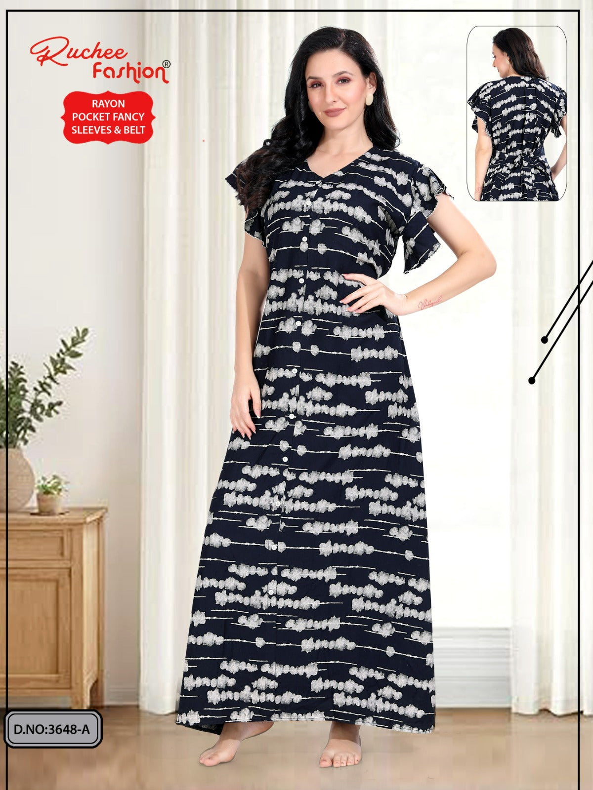 Flutter-Ruffled Sleeves Ruchee Fashion Rayon Night Gowns Supplier Gujarat