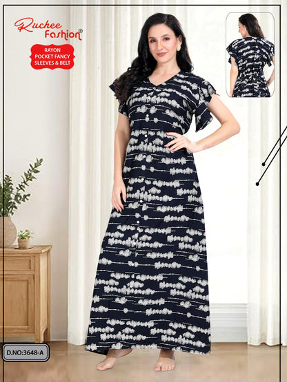 Flutter-Ruffled Sleeves Ruchee Fashion Rayon Night Gowns Supplier Gujarat