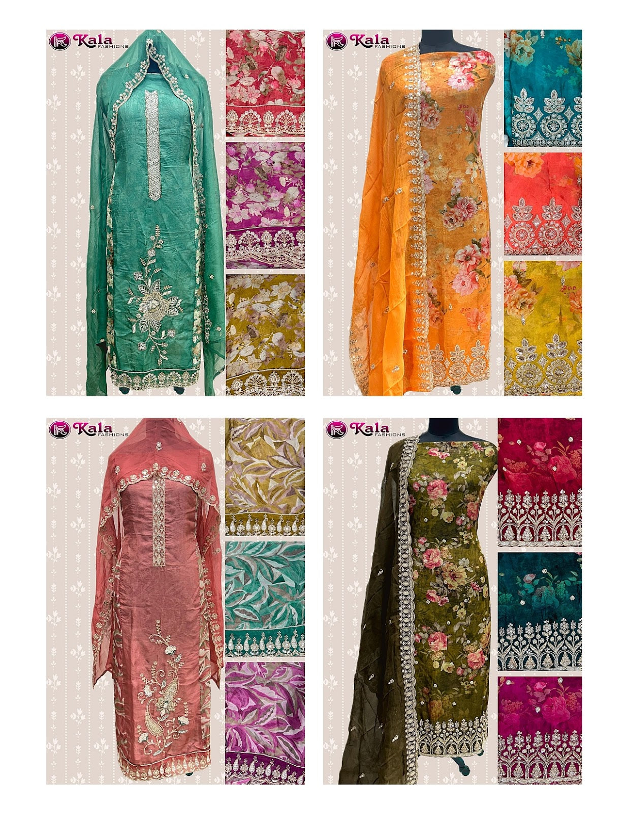 Four Matching Kala Fashion Organza Salwar Suits Manufacturer India