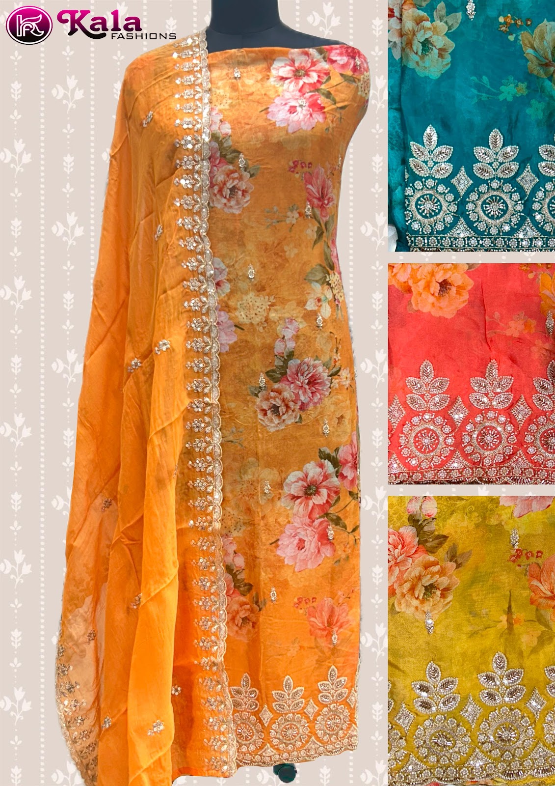 Four Matching Kala Fashion Organza Salwar Suits Manufacturer India