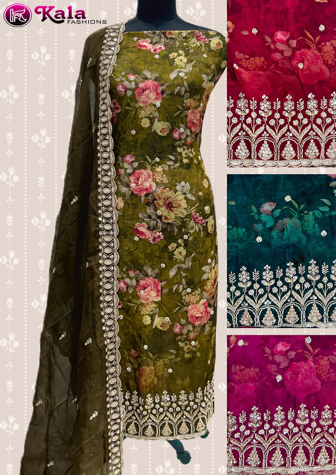 Four Matching Kala Fashion Organza Salwar Suits Manufacturer India