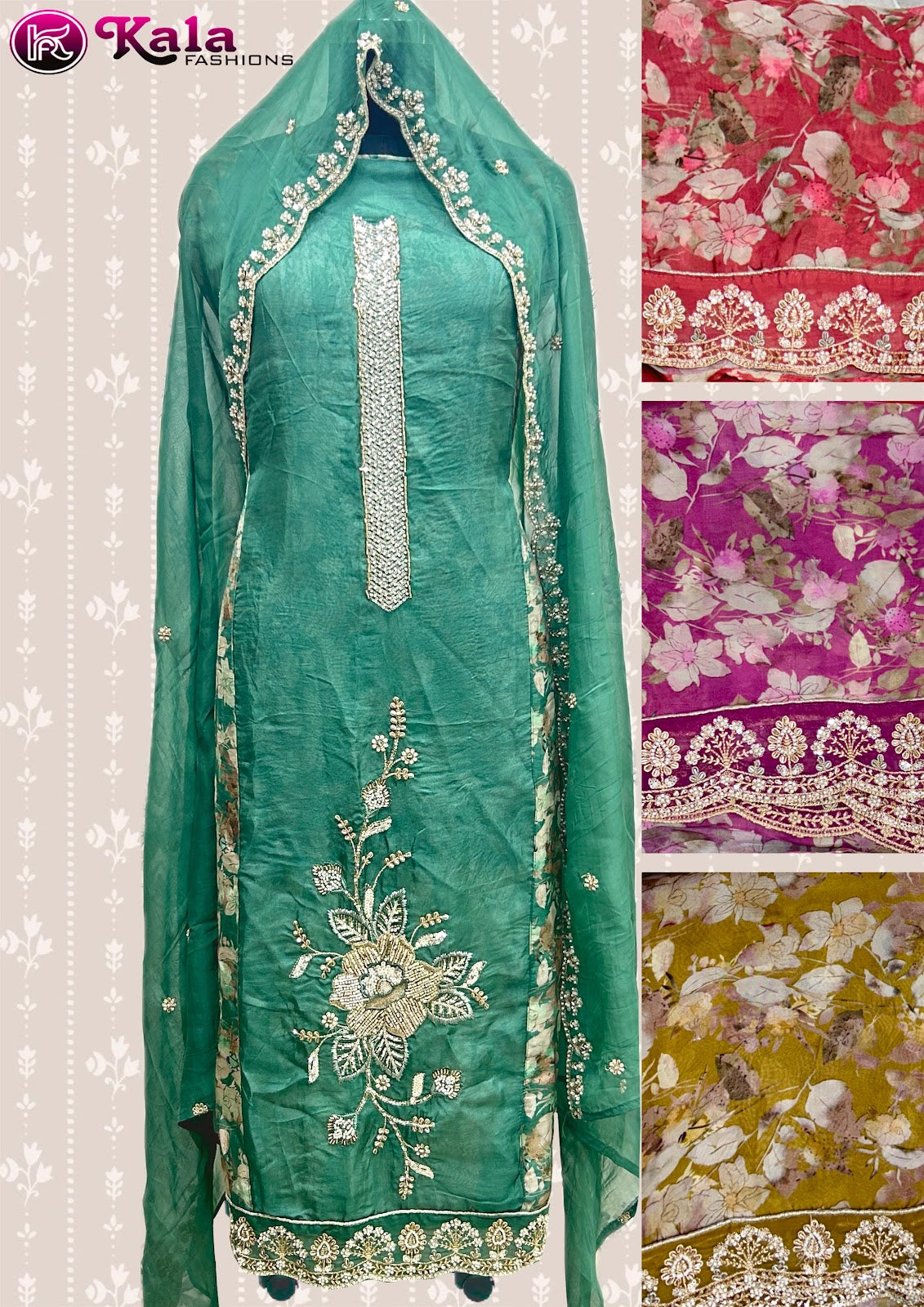 Four Matching Kala Fashion Organza Salwar Suits Manufacturer India