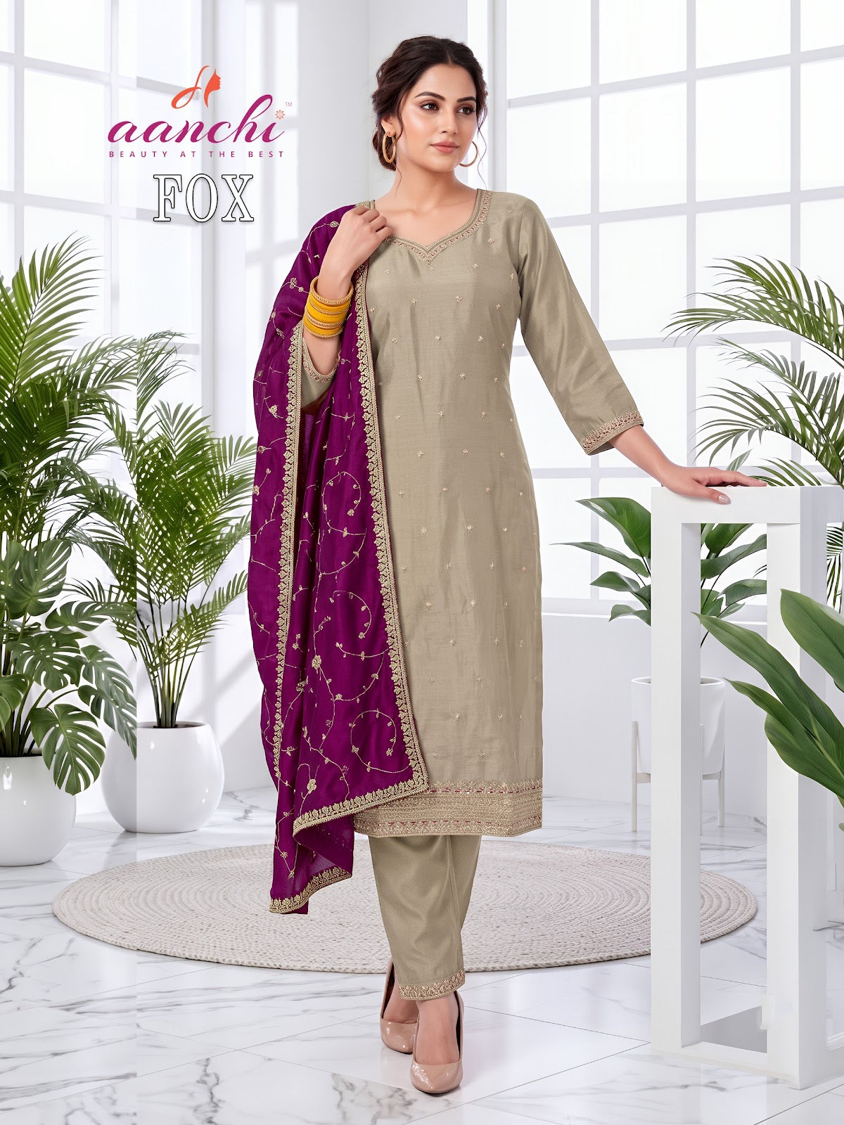 Fox Aanchi Vichitra Silk Readymade Pant Style Suits Exporter