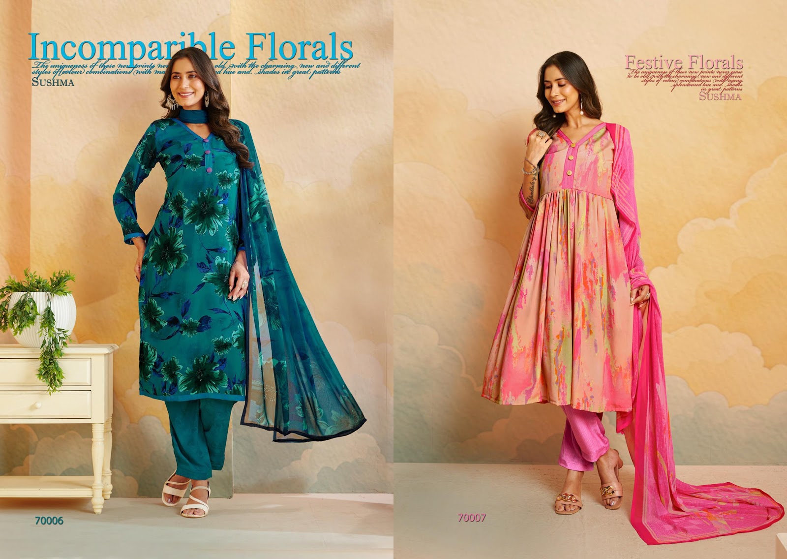 Fragrance Sushma Crape Pant Style Suits Manufacturer