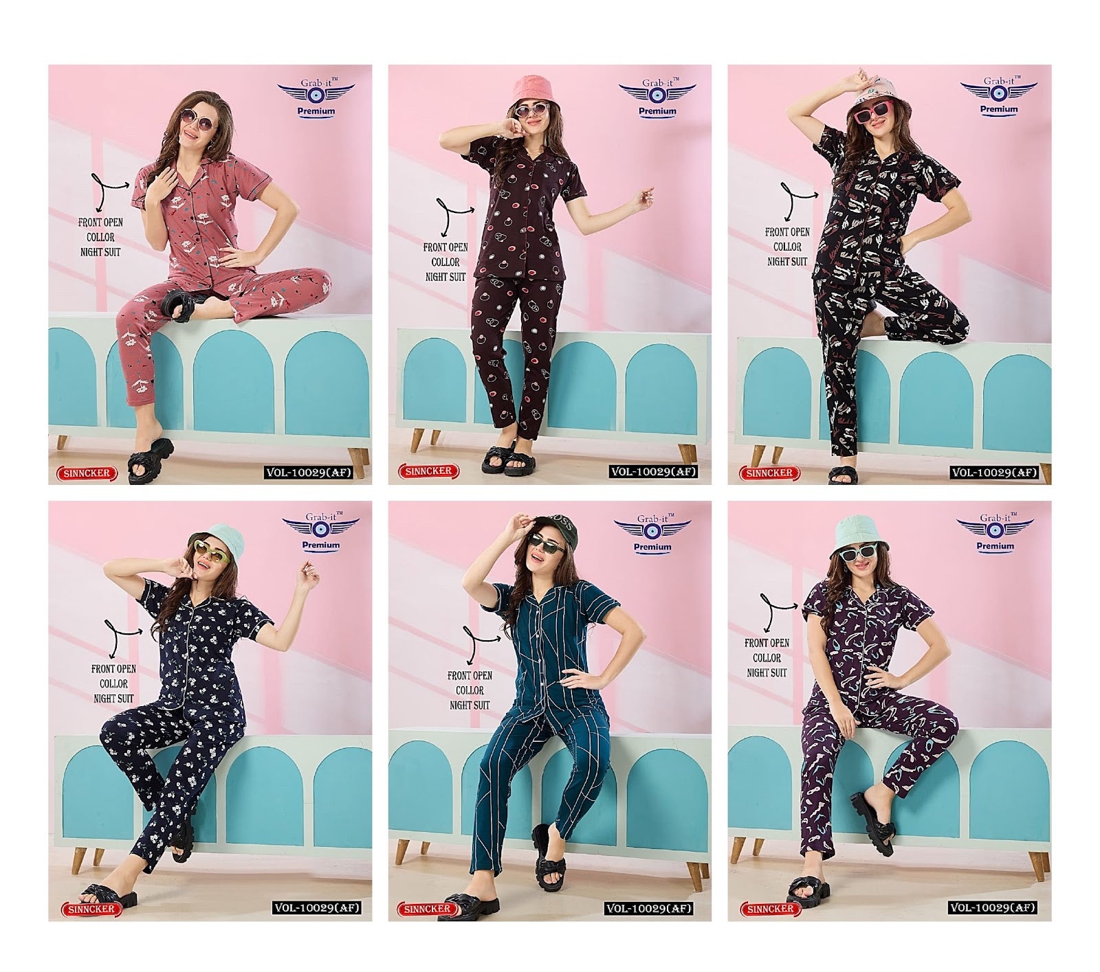 Front Open 10029 Af Grab It Sinker Collar Night Suits Wholesale – Kavya ...