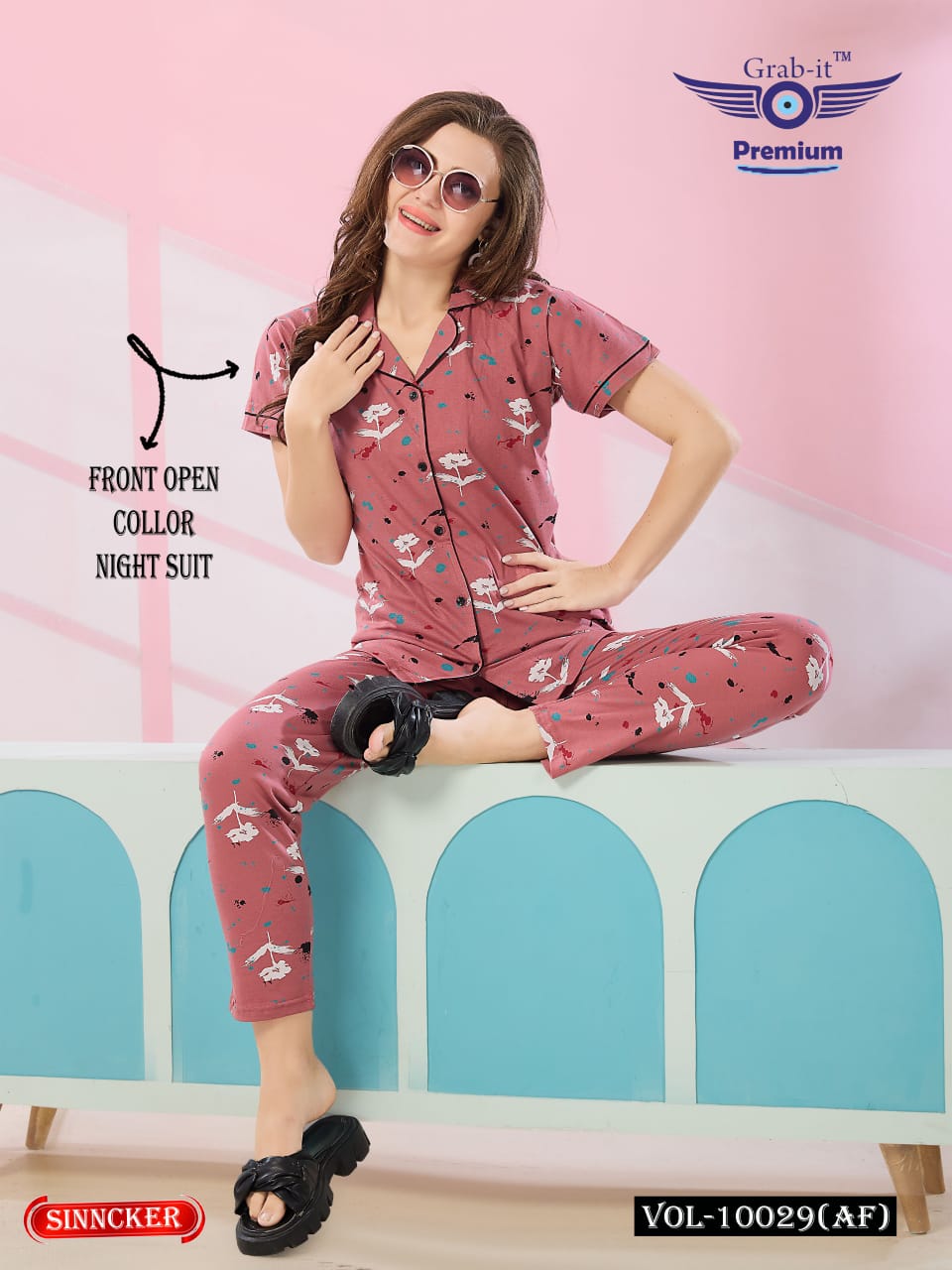 Front Open 10029 Af Grab It Sinker Collar Night Suits Wholesale
