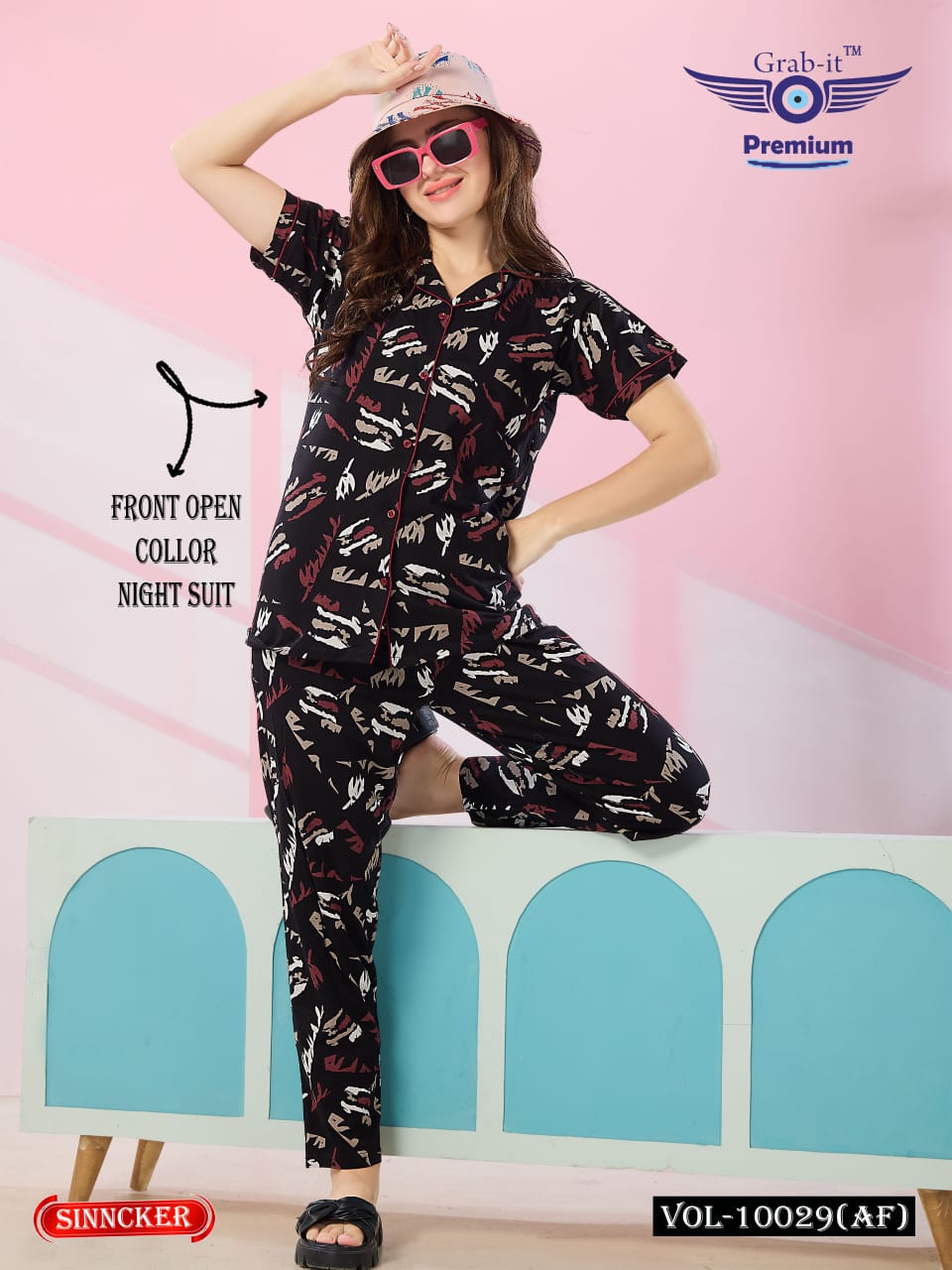 Front Open 10029 Af Grab It Sinker Collar Night Suits Wholesale