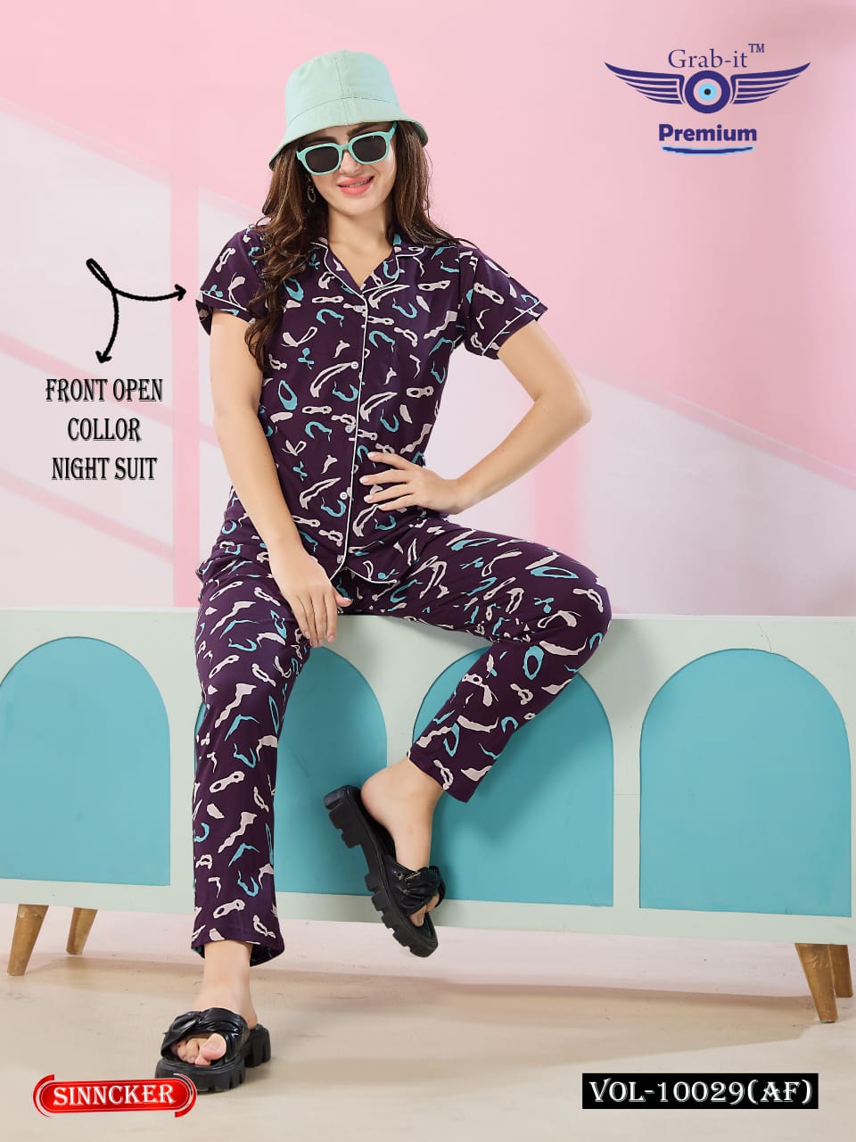 Front Open 10029 Af Grab It Sinker Collar Night Suits Wholesale