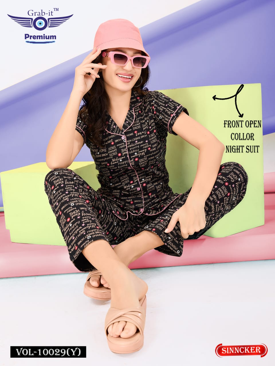 Front Open 10029 Y Grab It Sinker Collar Night Suits Wholesale Rate