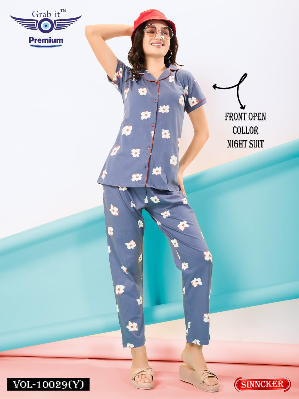 Front Open 10029 Y Grab It Sinker Collar Night Suits Wholesale Rate