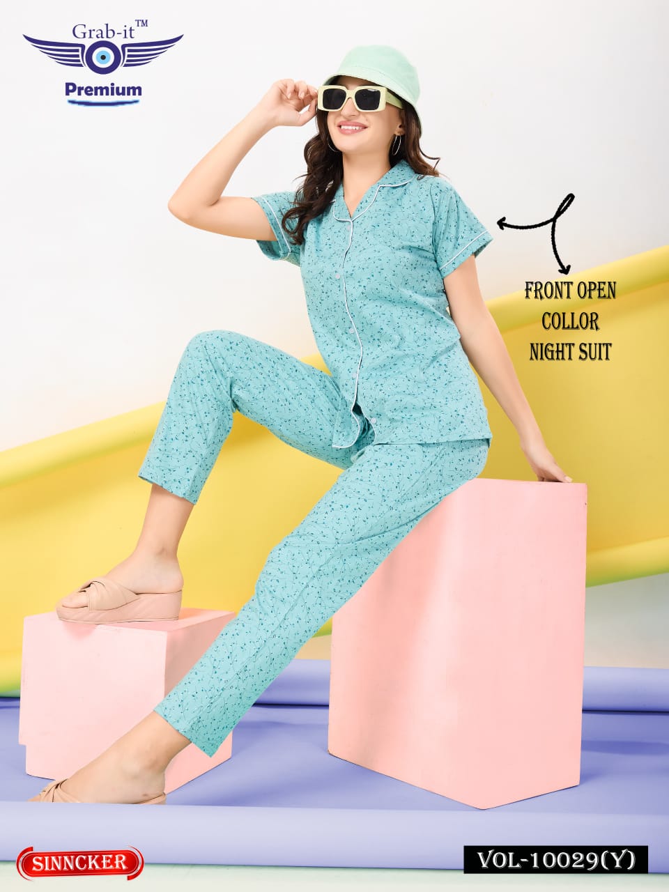 Front Open 10029 Y Grab It Sinker Collar Night Suits Wholesale Rate