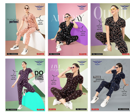 Front Open 10029 Z Grab It Sinker Collar Night Suits Wholesale Price