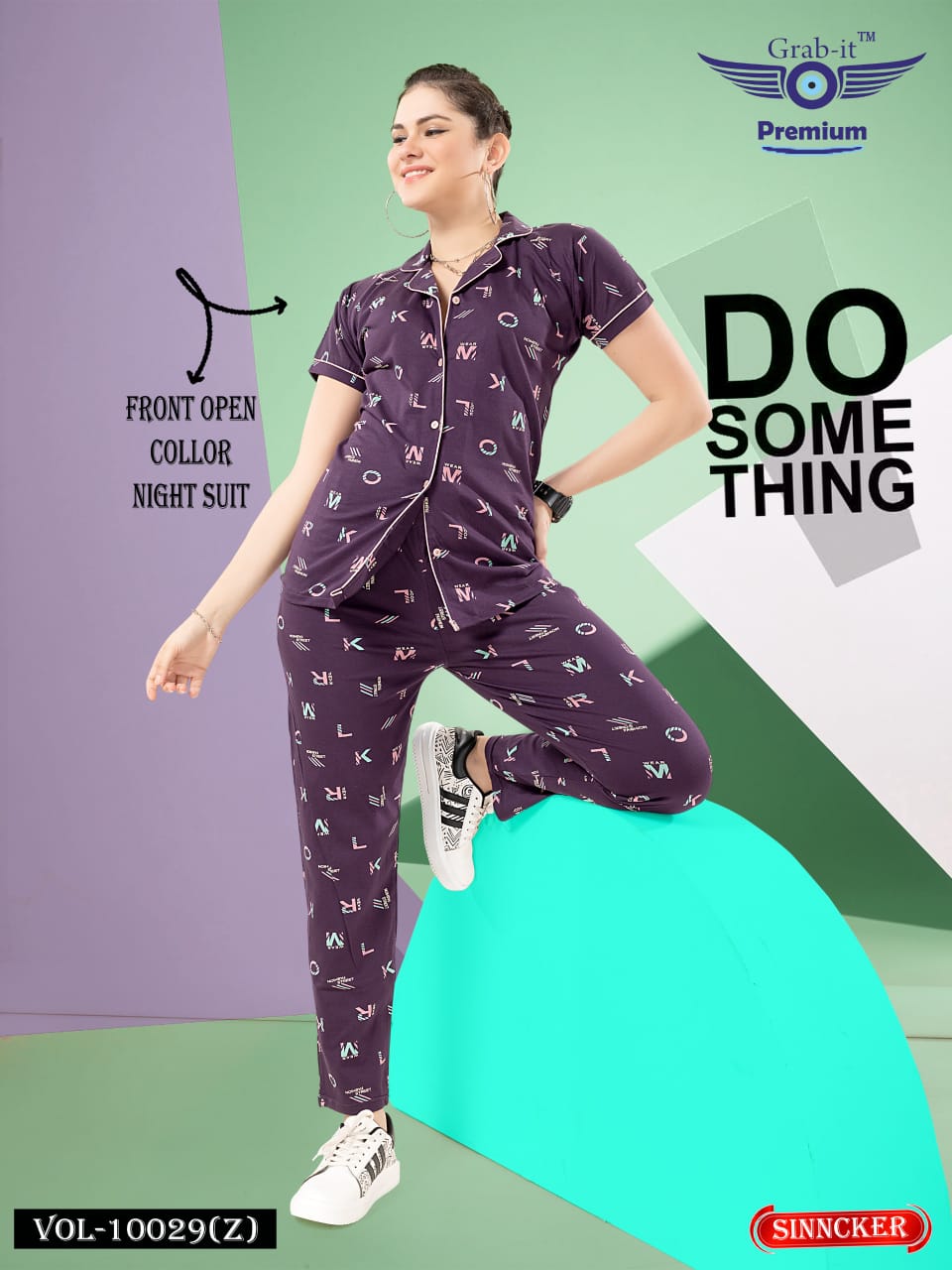 Front Open 10029 Z Grab It Sinker Collar Night Suits Wholesale Price