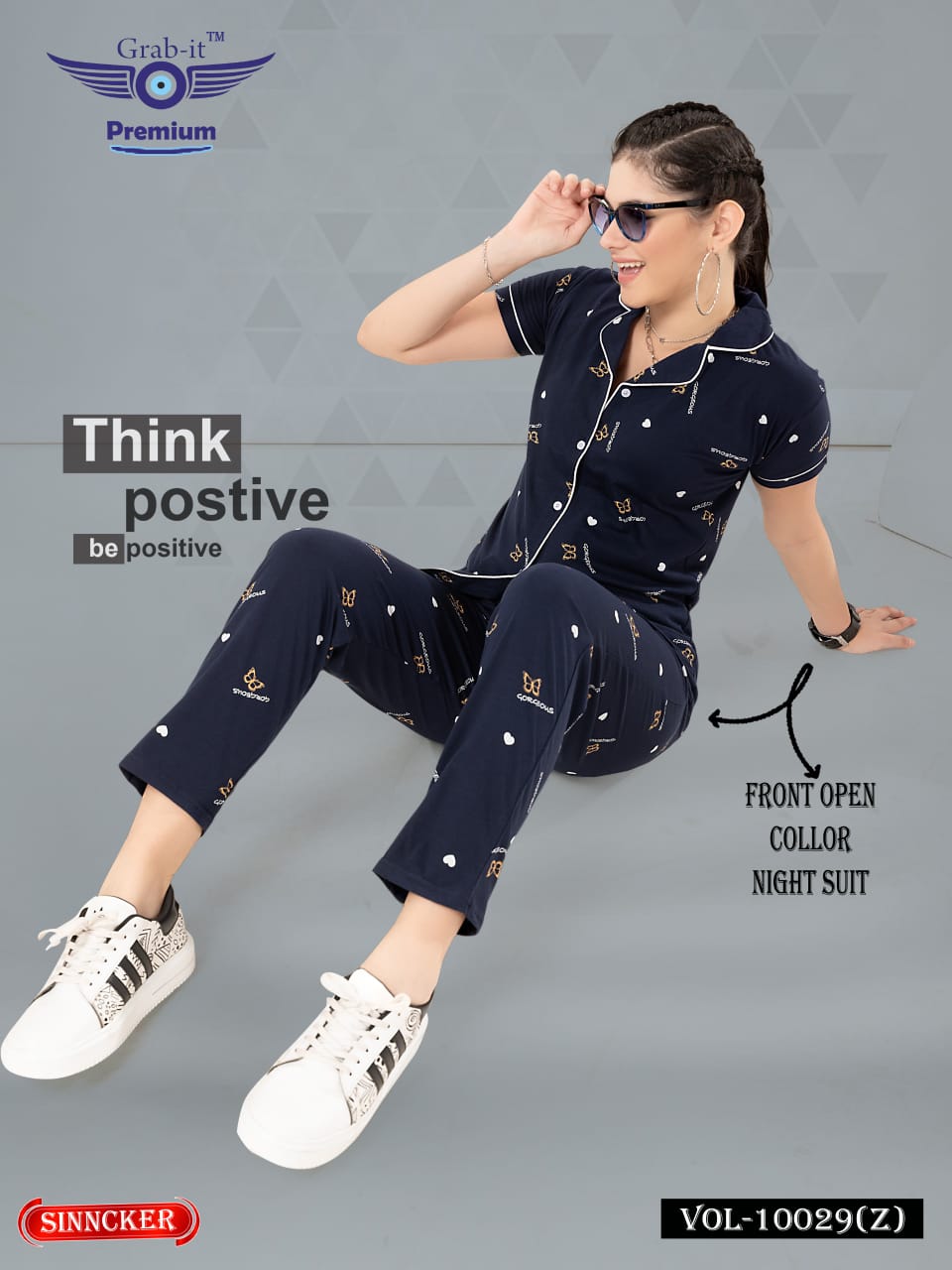 Front Open 10029 Z Grab It Sinker Collar Night Suits Wholesale Price