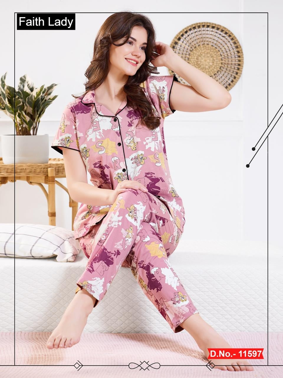 Front Open 1115 Faith Lady Hosiery Cotton Collar Night Suits Wholesale Price