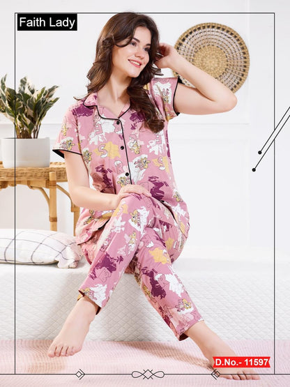 Front Open 1115 Faith Lady Hosiery Cotton Collar Night Suits Wholesale Price