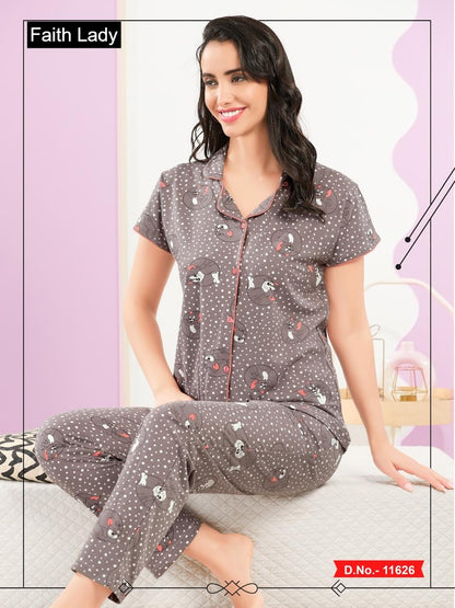 Front Open 1115 Faith Lady Hosiery Cotton Collar Night Suits Wholesale Price