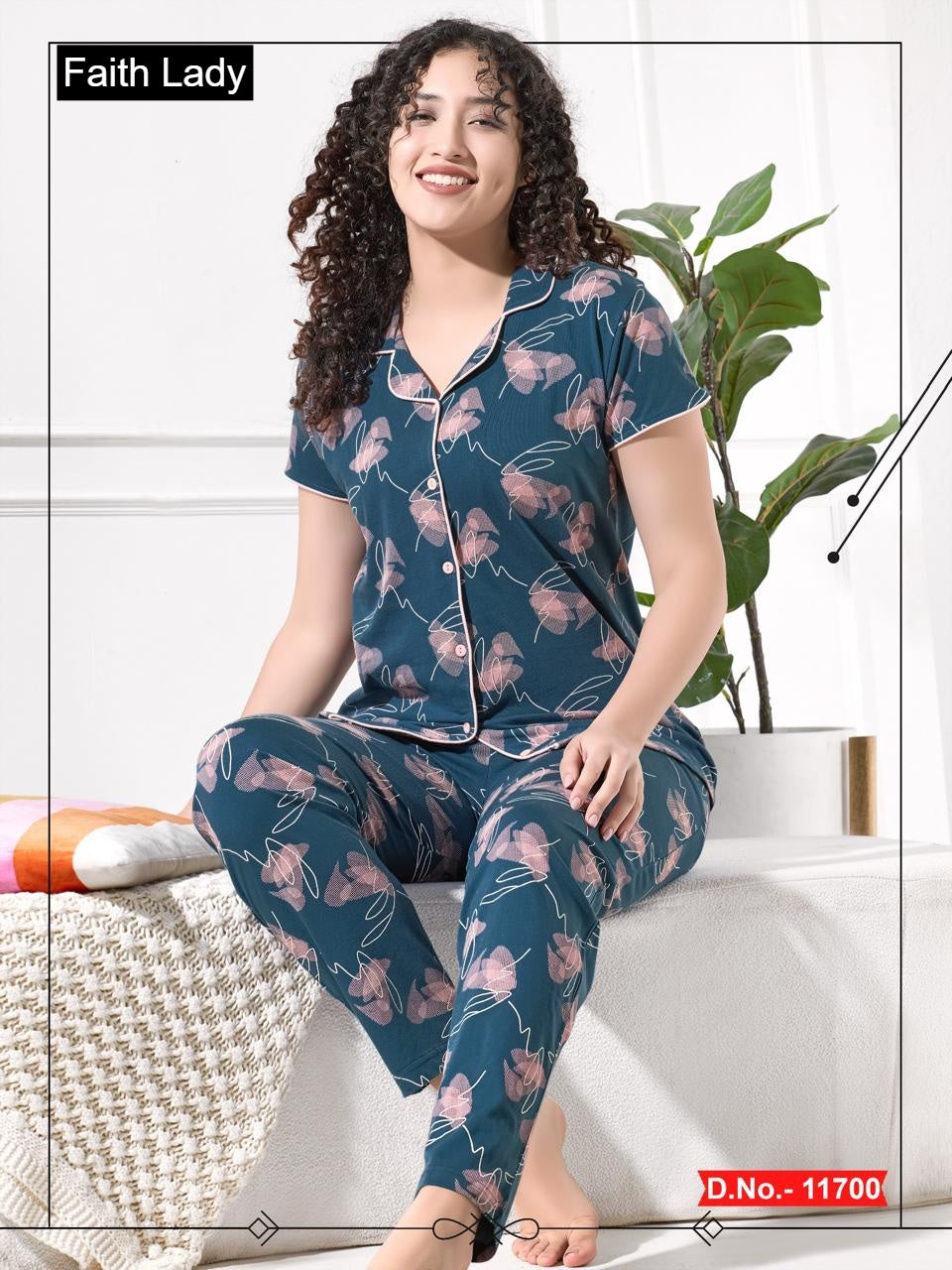 Front Open 1115 Faith Lady Hosiery Cotton Collar Night Suits Wholesale Price