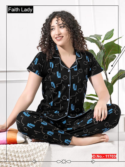 Front Open 1115 Faith Lady Hosiery Cotton Collar Night Suits Wholesale Price