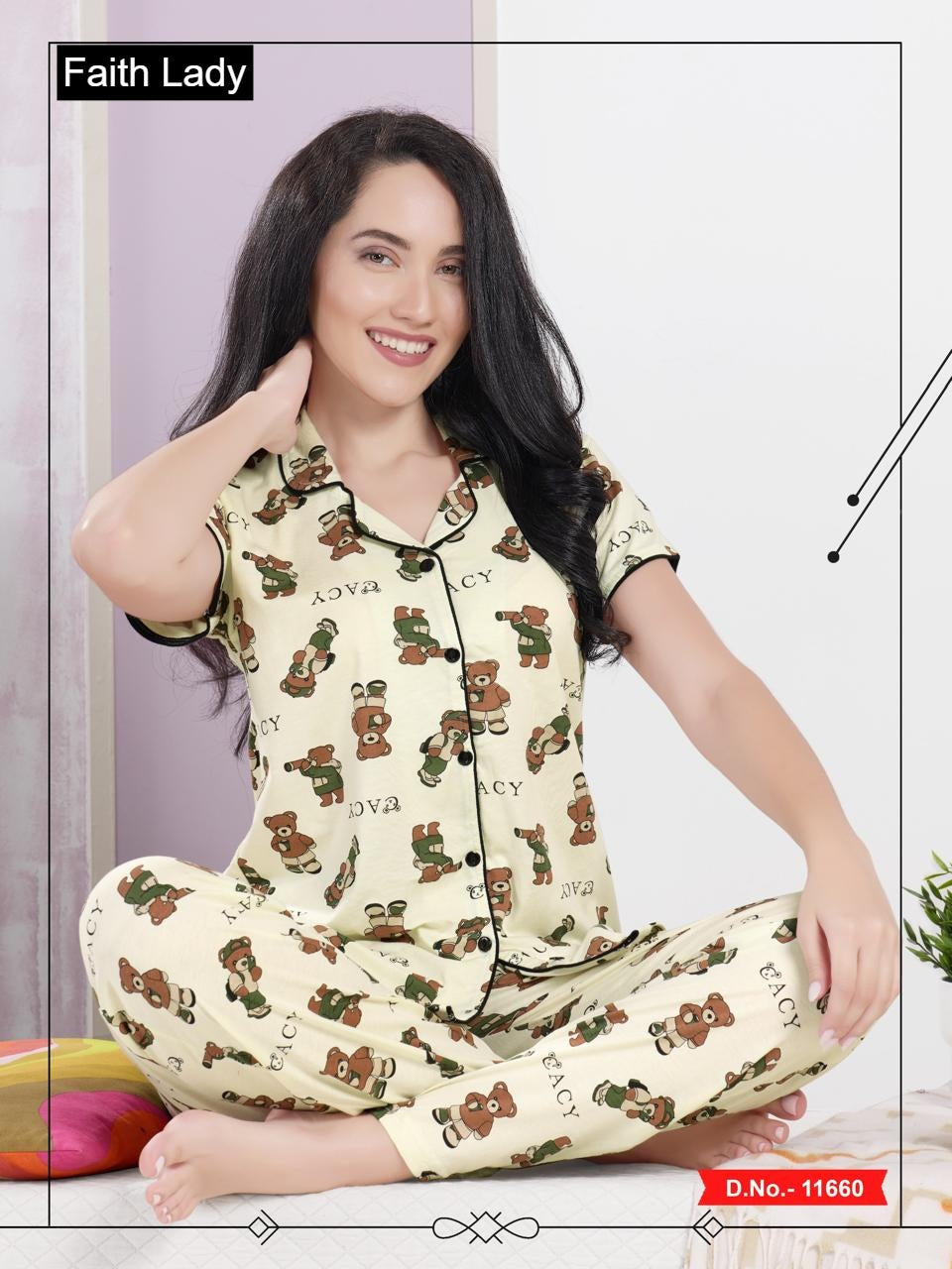 Front Open 1115 Faith Lady Hosiery Cotton Collar Night Suits Wholesale Price