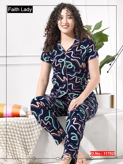 Front Open 1115 Faith Lady Hosiery Cotton Collar Night Suits Wholesale Price