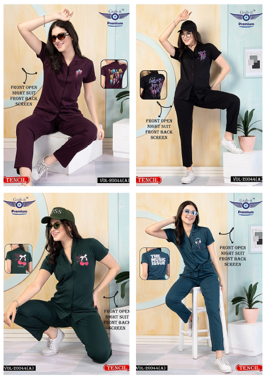 Front Open 20044 A Grab It Tencil Collar Night Suits Exporter