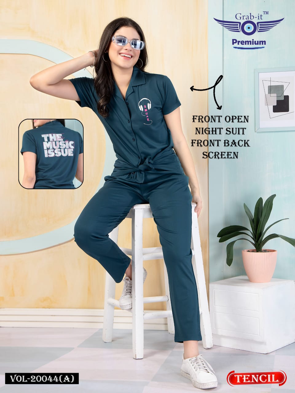 Front Open 20044 A Grab It Tencil Collar Night Suits Exporter