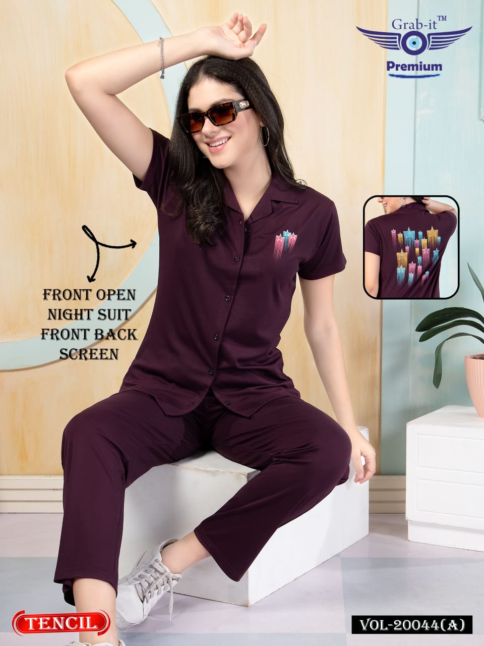 Front Open 20044 A Grab It Tencil Collar Night Suits Exporter