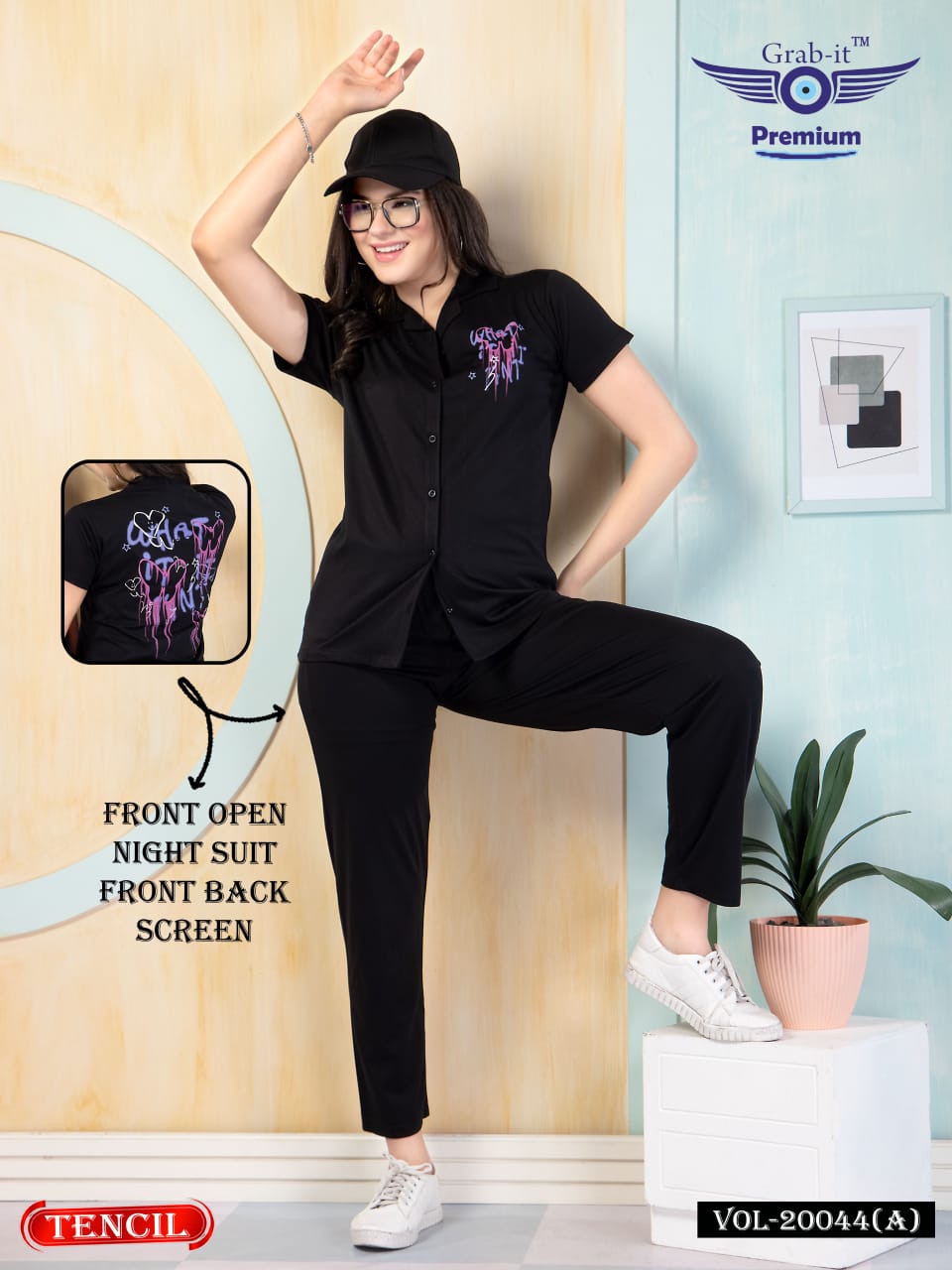 Front Open 20044 A Grab It Tencil Collar Night Suits Exporter