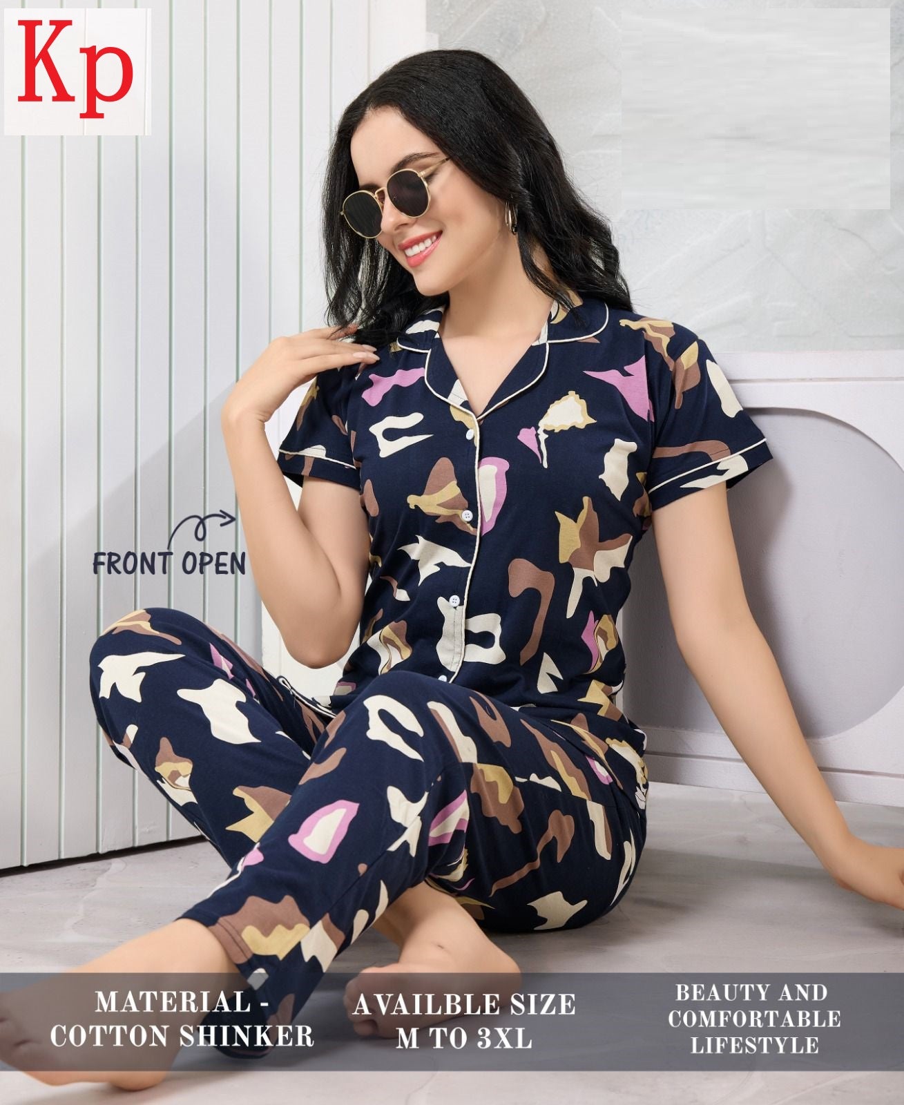 Front Open 200626 Kp Cotton Collar Night Suits Wholesaler India