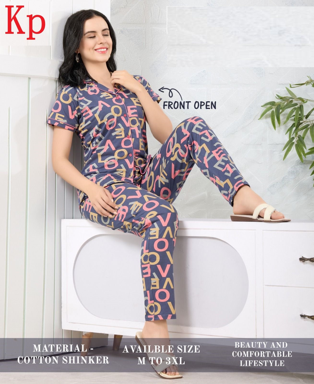 Front Open 200626 Kp Cotton Collar Night Suits Wholesaler India
