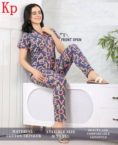 Front Open 200626 Kp Cotton Collar Night Suits Wholesaler India