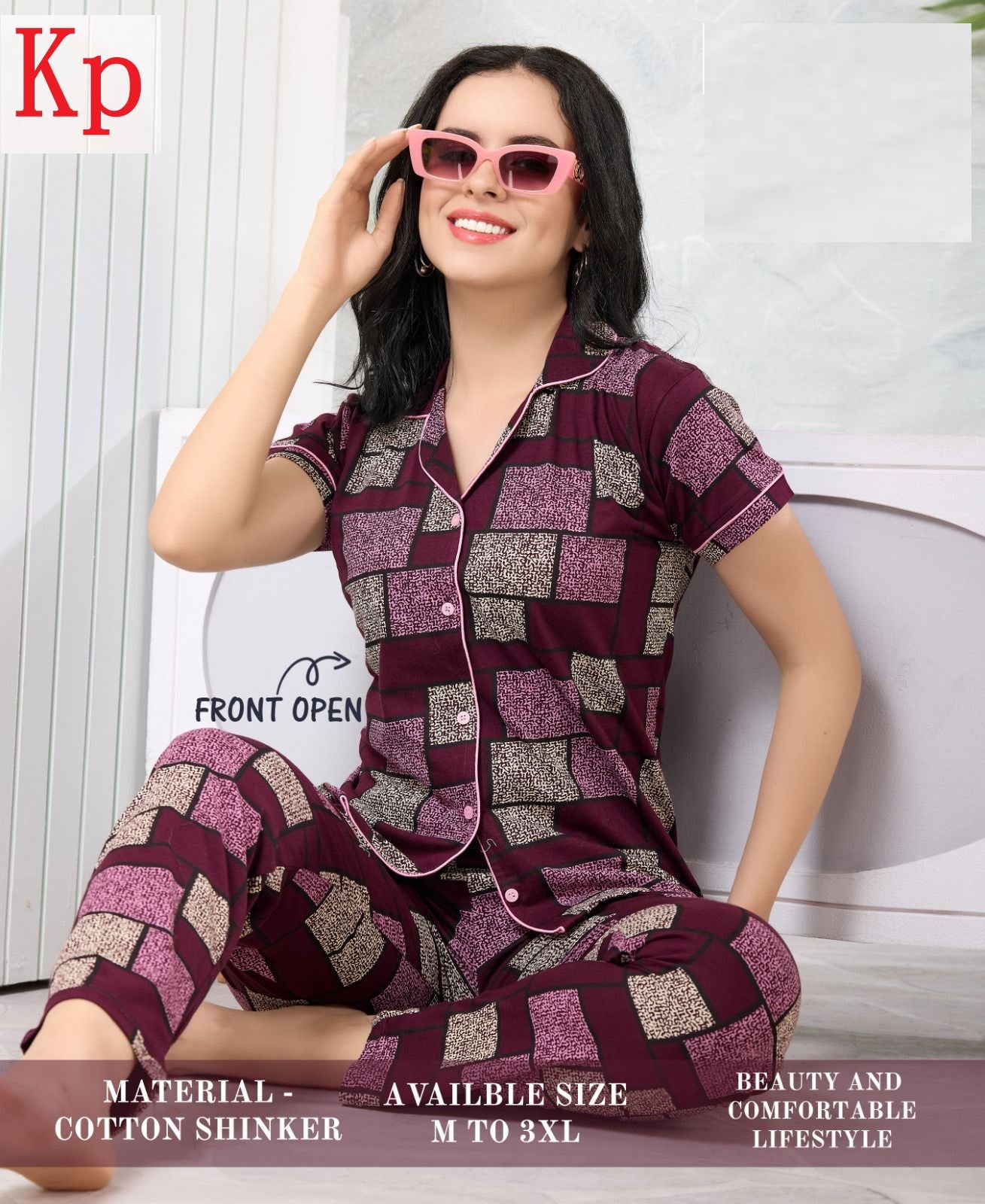 Front Open 200626 Kp Cotton Collar Night Suits Wholesaler India