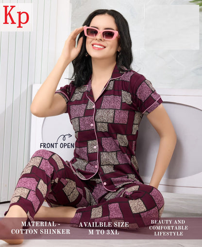 Front Open 200626 Kp Cotton Collar Night Suits Wholesaler India