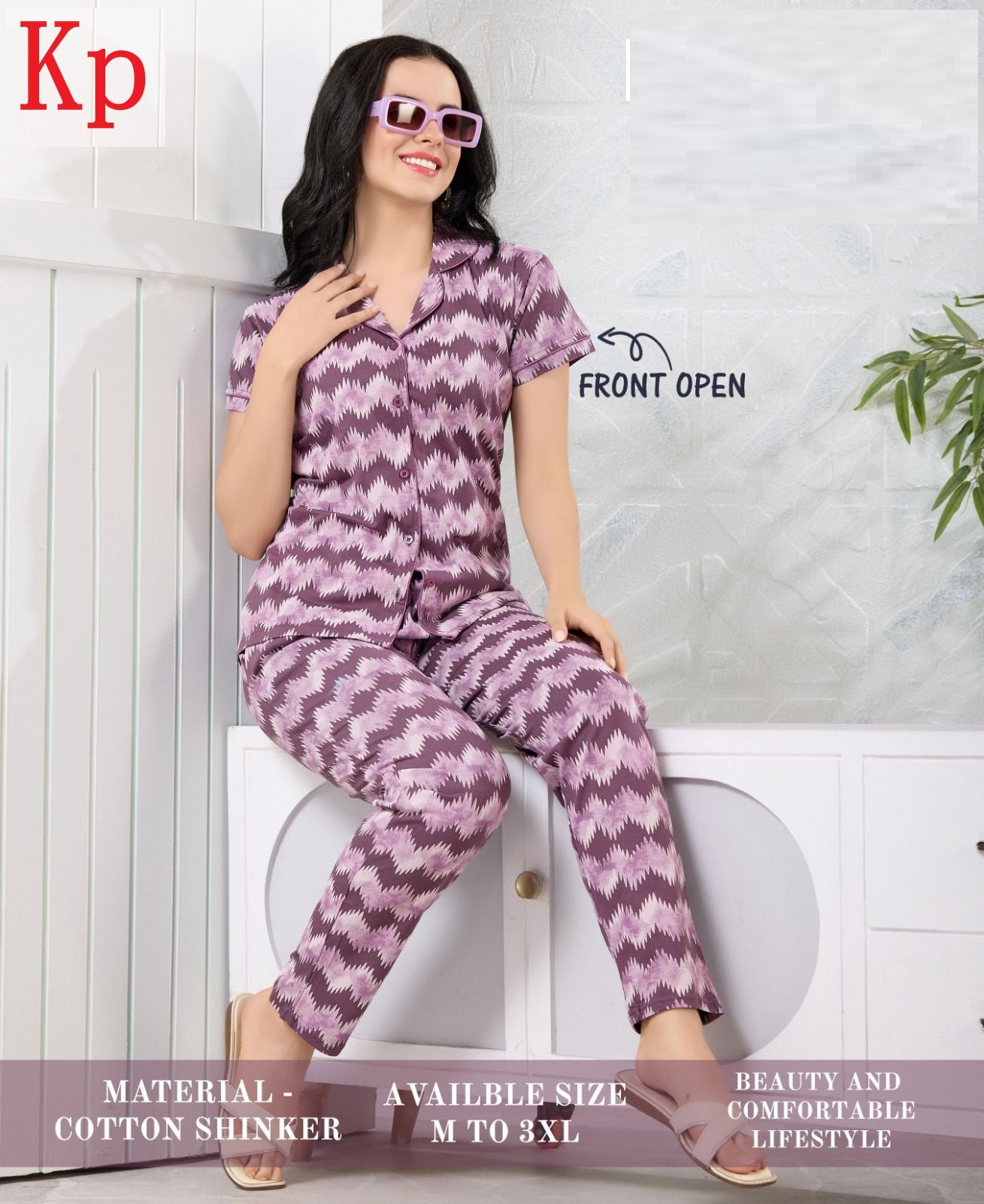 Front Open 200626 Kp Cotton Collar Night Suits Wholesaler India