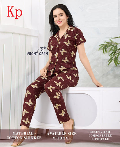 Front Open 200626 Kp Cotton Collar Night Suits Wholesaler India