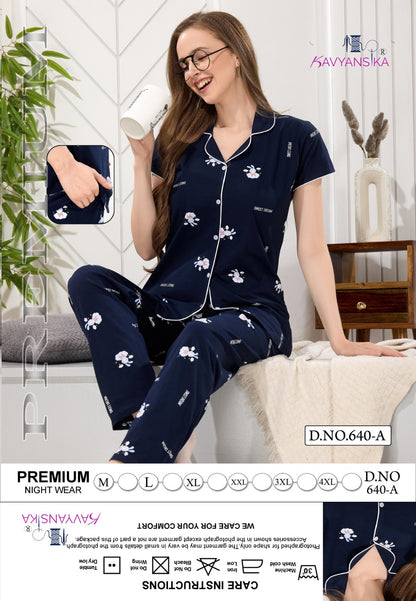 Front Open Design 640 Kavyansika Hosiery Cotton Collar Night Suits Manufacturer India