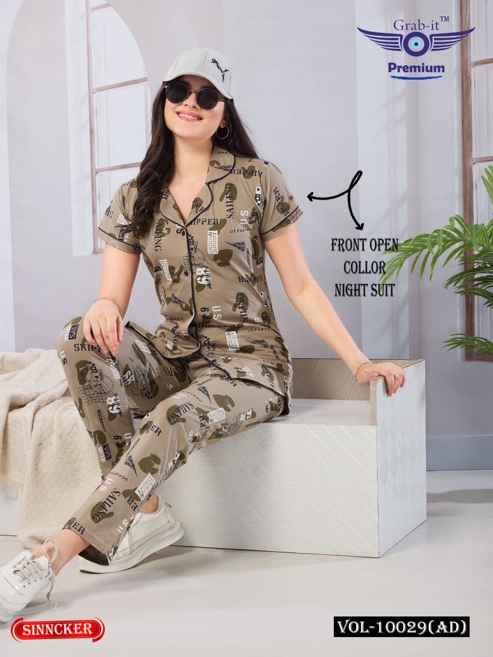 Front Open Vol 10029 Ad Grab It Sinker Collar Night Suits Wholesale Price