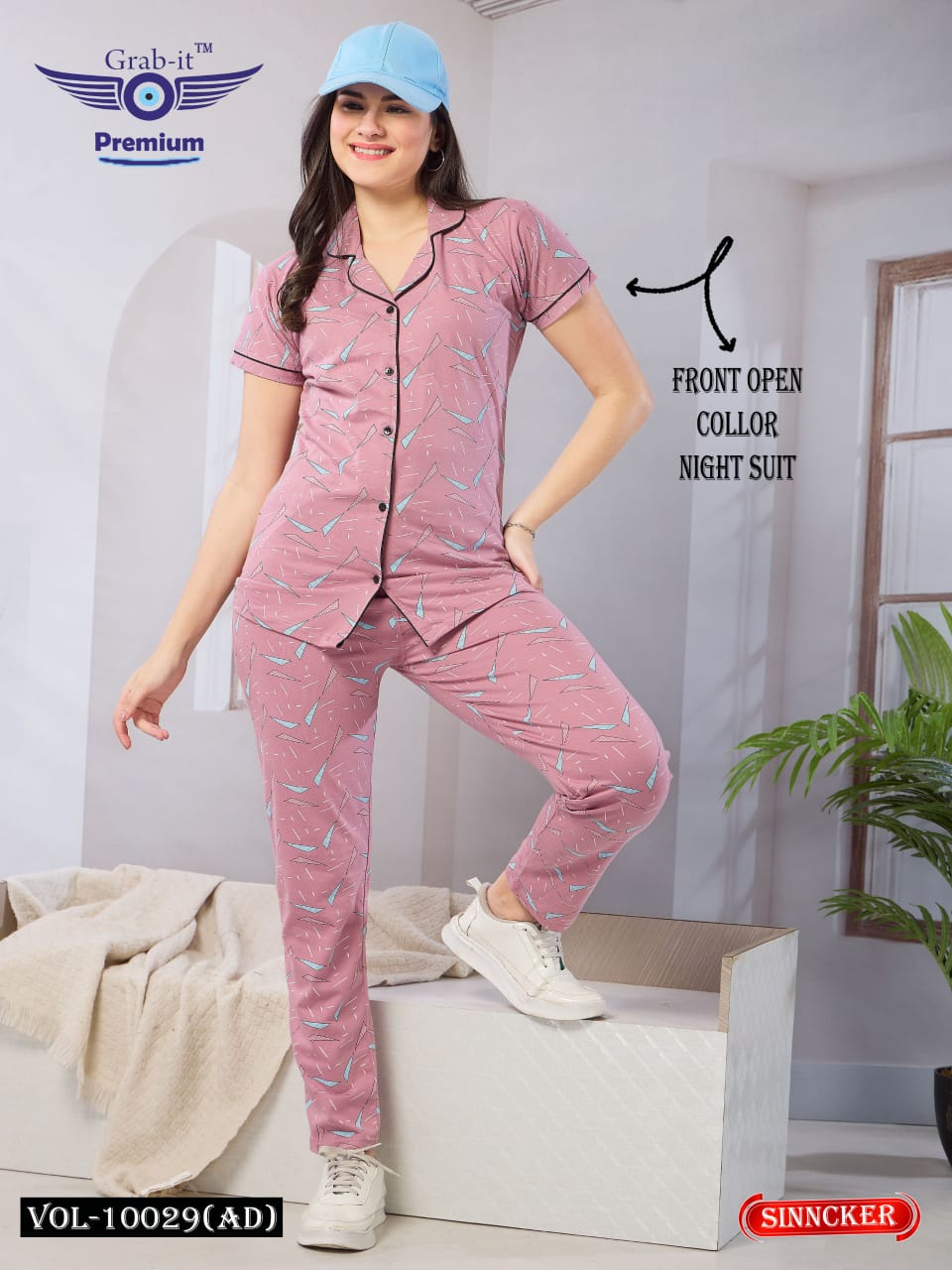 Front Open Vol 10029 Ad Grab It Sinker Collar Night Suits Wholesale Price