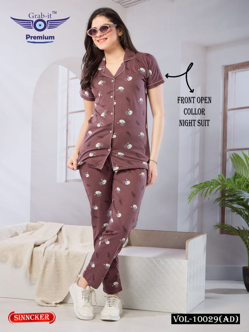 Front Open Vol 10029 Ad Grab It Sinker Collar Night Suits Wholesale Price