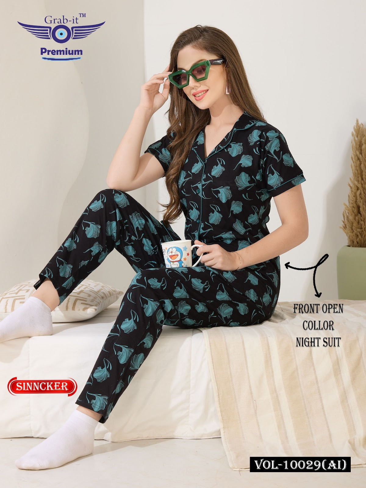 Front Open Vol 10029 Ai Grab It Sinker Collar Night Suits Supplier India