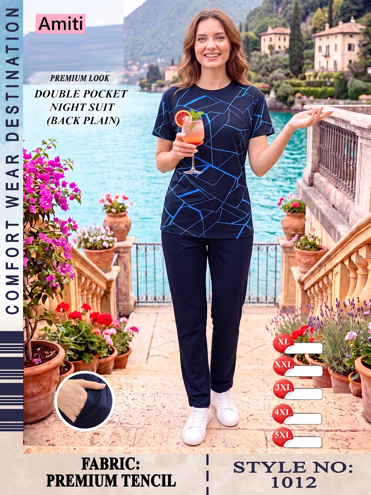 Front Print Style 1012 Amiti Tencil Pyjama Night Suits Wholesale Price