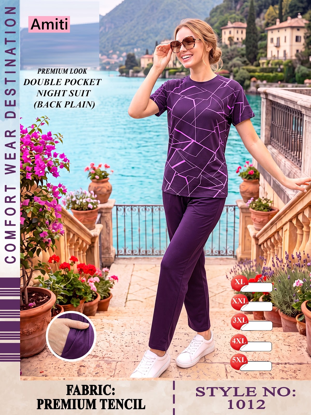 Front Print Style 1012 Amiti Tencil Pyjama Night Suits Wholesale Price
