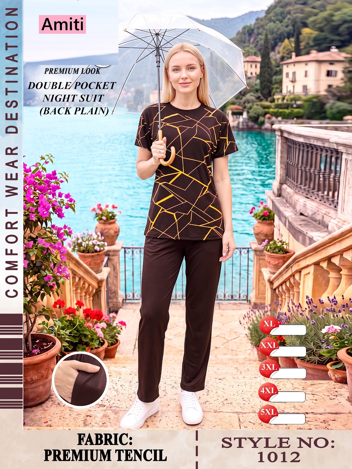 Front Print Style 1012 Amiti Tencil Pyjama Night Suits Wholesale Price