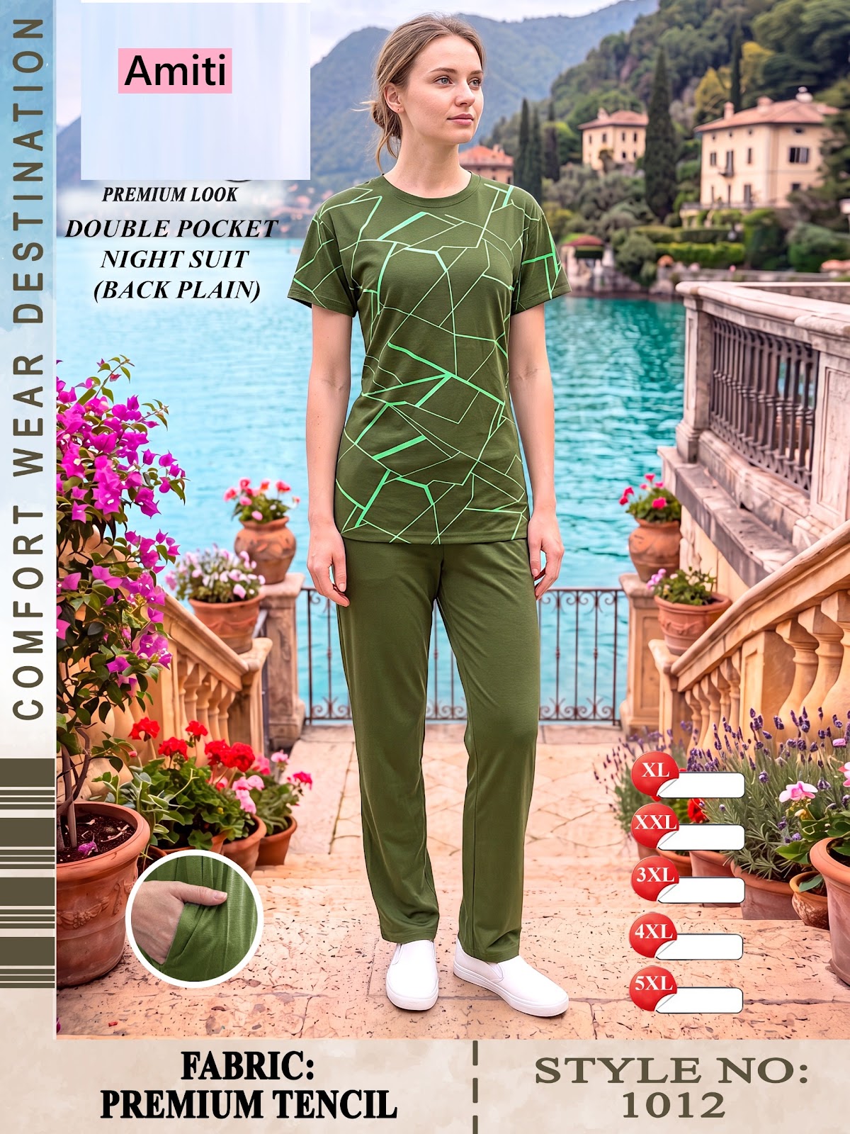 Front Print Style 1012 Amiti Tencil Pyjama Night Suits Wholesale Price